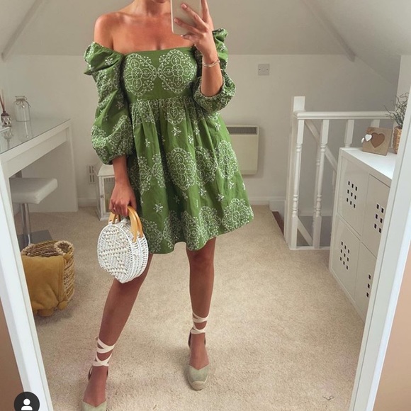 ZARA NWT Green Floral Embroidered Cutout Bardot Dress Puff Sleeves - Picture 5 of 12